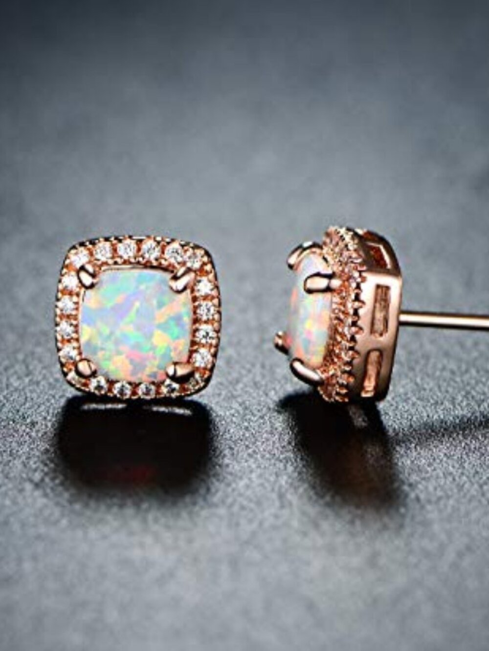 New - White Gold Plated Created White Opal Stud Earrings for Women - Made In Bra